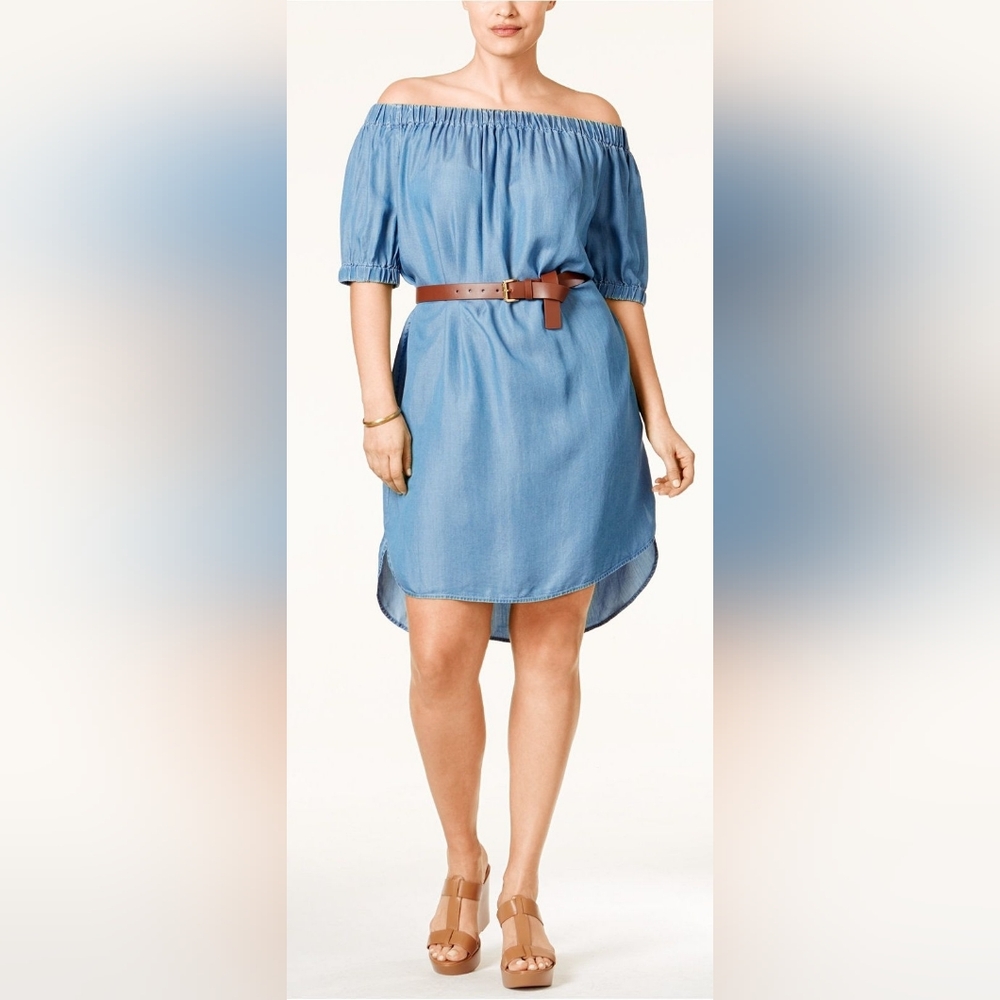 MICHAEL MICHAEL KORS Off-The-Shoulder Denim Peasant Dress | SZ S